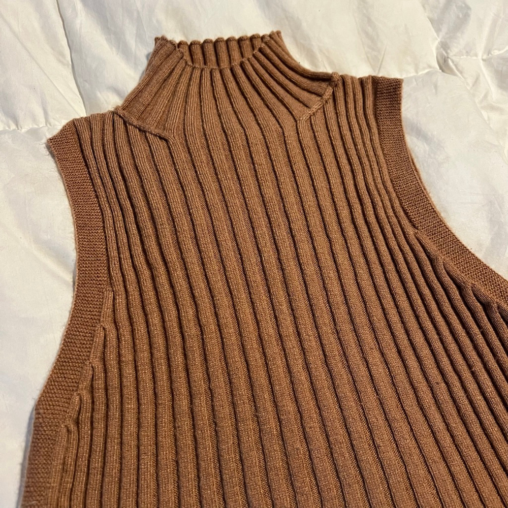 Wool Blend Brown Ribbed Mock Neck Sleeveless Knit Top S Anthropologie Moth - Picture 5 of 9
